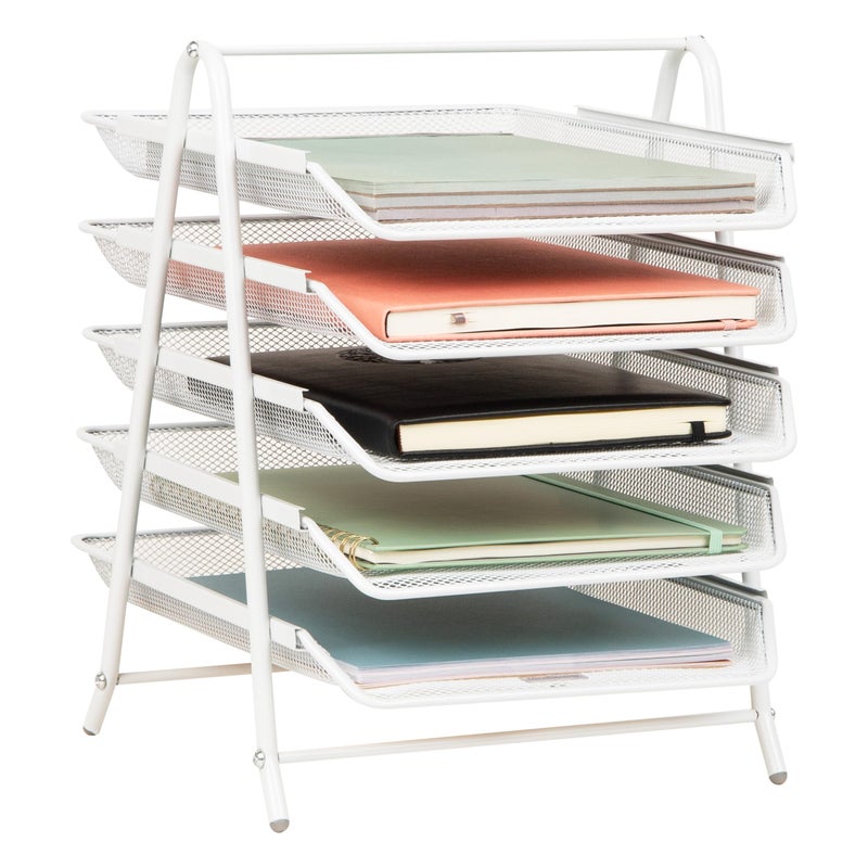 Mind Reader 5-Tier Paper Tray Organizer, Vertical Desktop File Storage Rack, Office, Metal Mesh, White - Image 1